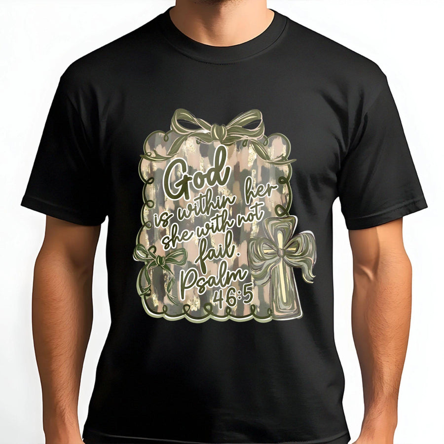 God Is Within Her She Will Not Fail T-Shirt | Camo Coquette Bow Cross Design | Premium 100% Cotton | Christian Faith Gift for Women