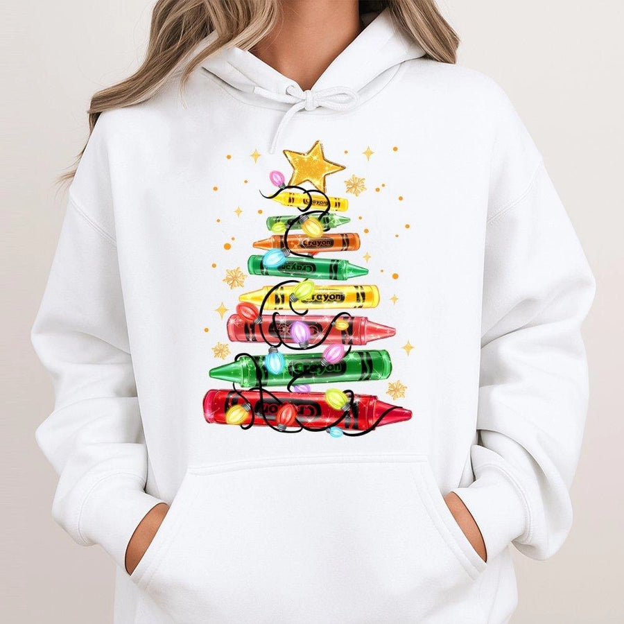 Christmas Crayon Tree Hoodie | Teacher Holiday Graphic Sweatshirt | Soft Cotton-Blend | Perfect Gift for Educators & Art Teachers