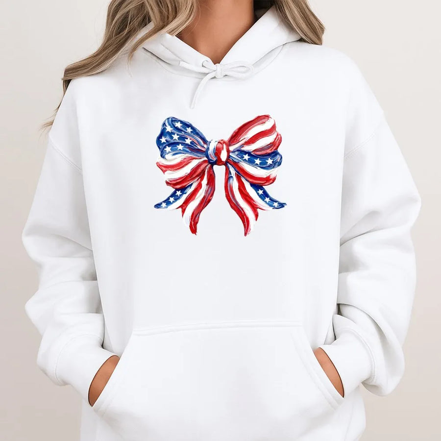 American Flag Bow Hoodie | Coquette Patriotic Graphic Pullover | Soft Unisex Crewneck | 4th of July Independence Day Gift for Her