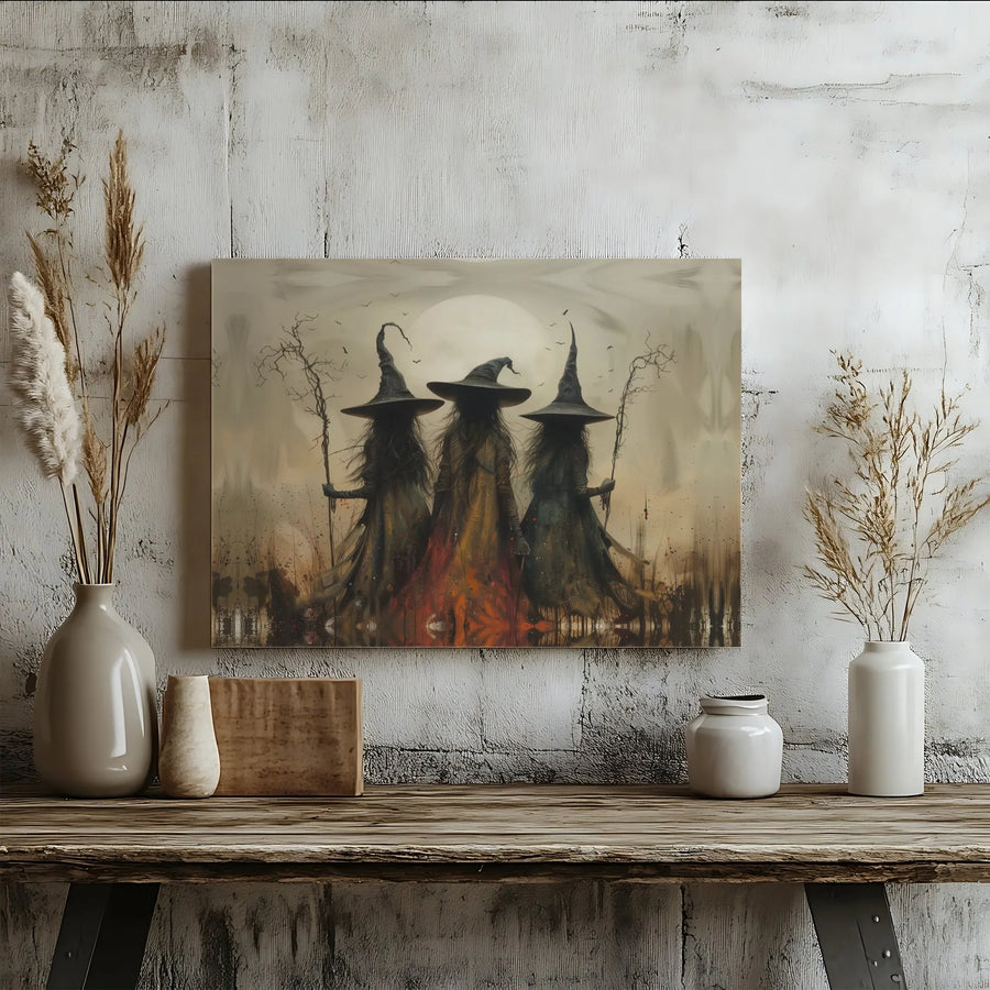 Three Witches Wall Art | Gothic Full Moon Coven Painting | Premium Gallery-Wrapped Canvas | Spooky Halloween Home Decor Gift