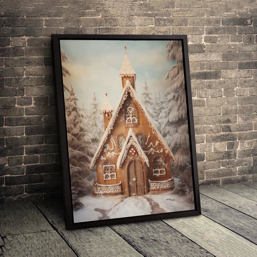 Christmas Gingerbread Church Canvas Wall Art | Snowy Winter Forest Holiday Print | 1.25-Inch Premium Gallery Wrap | Festive Home Decor Gift