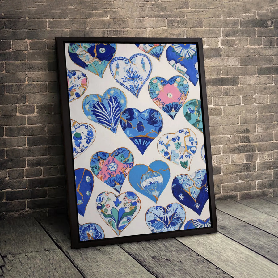 Chinoiserie Heart Wall Art | Blue and White Floral Canvas Print | Kintsugi Gold Accent Decor | Premium Gallery Wrap Gift for Home