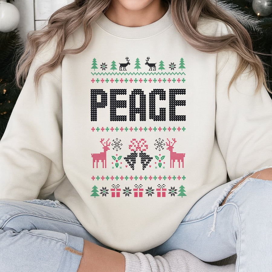 Peace Ugly Christmas Sweatshirt | Festive Reindeer Pattern | Soft Cotton Polyester Blend | Holiday Gift For Men And Women