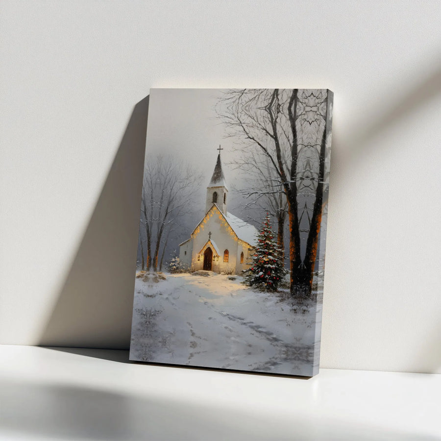Christmas Church Canvas Print | Snowy Winter Landscape with Lit Tree | 1.25" Gallery Wrap | Religious Holiday Home Decor Gift