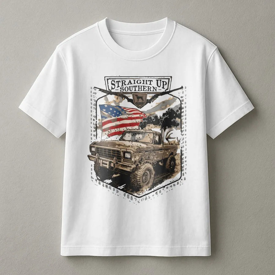 Off-Road Truck T-Shirt | American Flag Muddy 4x4 Design | Premium Cotton Graphic Tee | Patriotic Gift For Southern Country Men Women