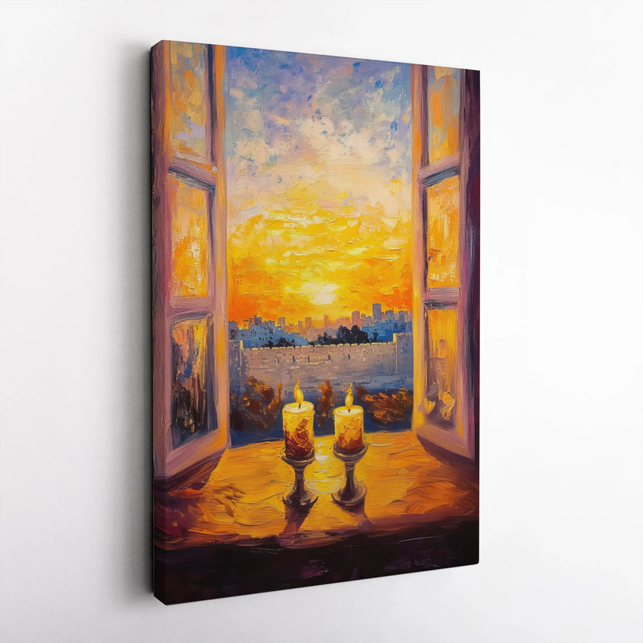 Jerusalem Shabbat Candles Canvas Wall Art | Golden Sunset Oil Painting Style | Premium 1.25" Gallery Wrap | Spiritual Jewish Home Decor Gift
