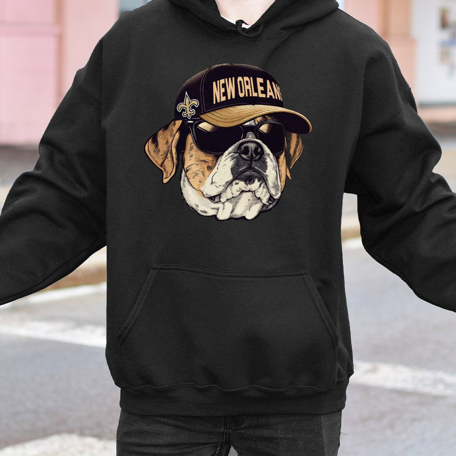 New Orleans Saints Fleur-De-Lis Logo Bulldog With Sunglasses Hoodie