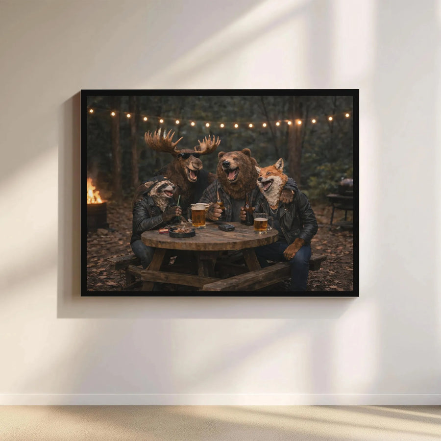 Funny Animal Wall Art | Biker Moose, Bear, Fox & Raccoon Drinking Beer | Premium Canvas Print | Man Cave & Cabin Decor Gift for Him