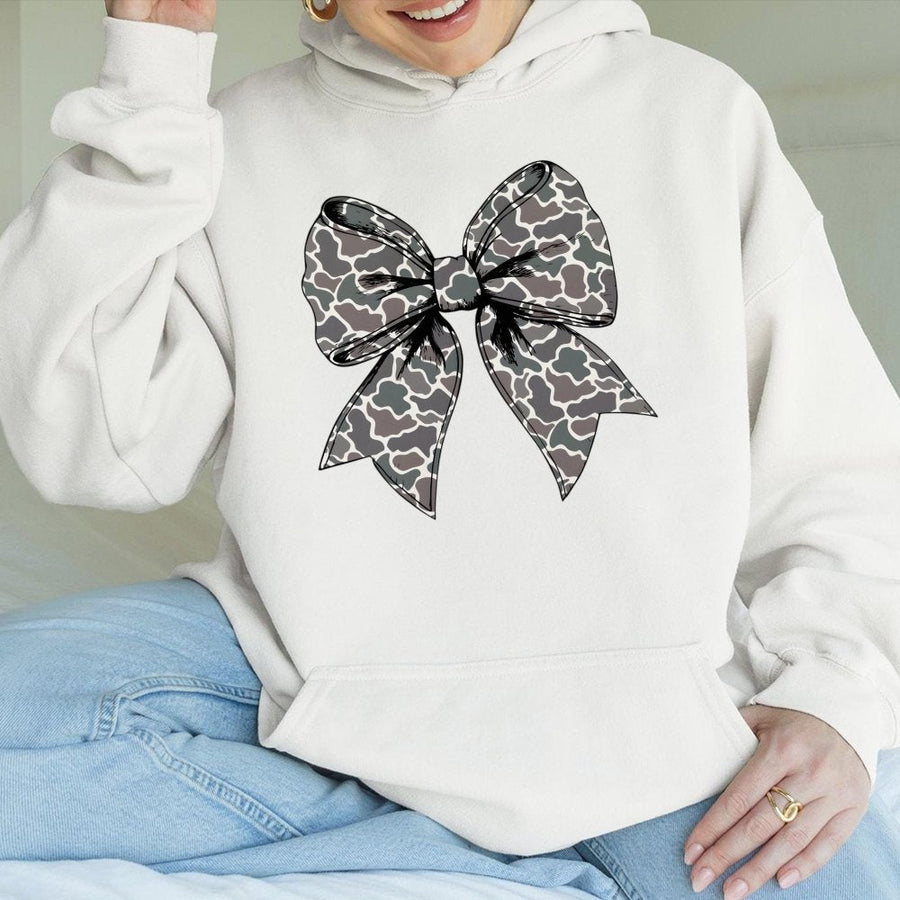 Camo Coquette Bow Hoodie | Trendy Woodland Camouflage Ribbon Design | Premium Cotton-Blend Fleece | Aesthetic Hunter Gift for Her