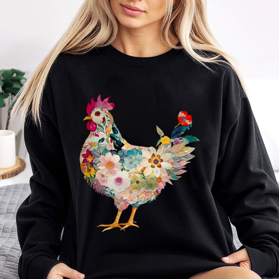 Floral Chicken Sweatshirt | Botanical Hen Graphic Art | Premium Cotton Blend Unisex Crewneck | Cute Farm Animal Gift for Chicken Lovers