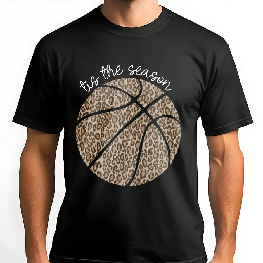 Leopard Basketball T-Shirt | Tis The Season Graphic Print | Premium Soft Cotton Tee | Basketball Mom Gift and Game Day Apparel