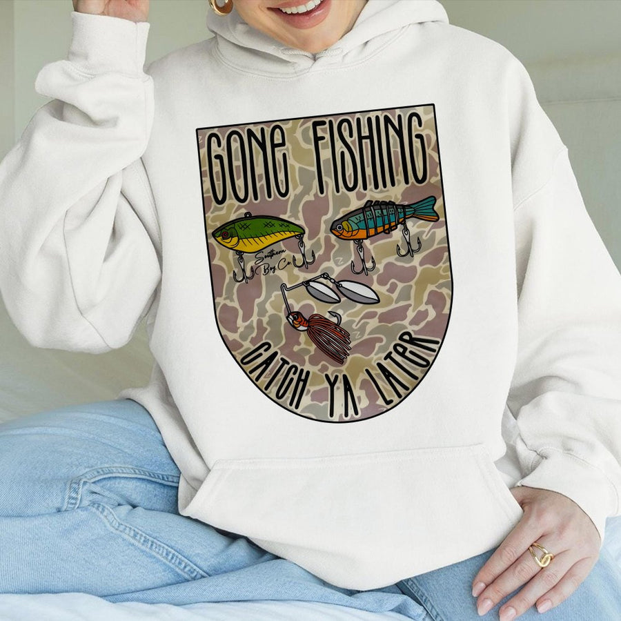 Gone Fishing Hoodie | Camo Fishing Lure Graphic Print | Premium Cotton Blend Sweatshirt | Southern Style Gift for Fishermen and Outdoor Lovers