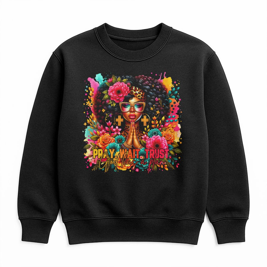 Pray Wait Trust Sweatshirt | Floral Black Woman Christian Graphic | Premium Cotton Blend Crewneck | Religious Faith Gift for Women