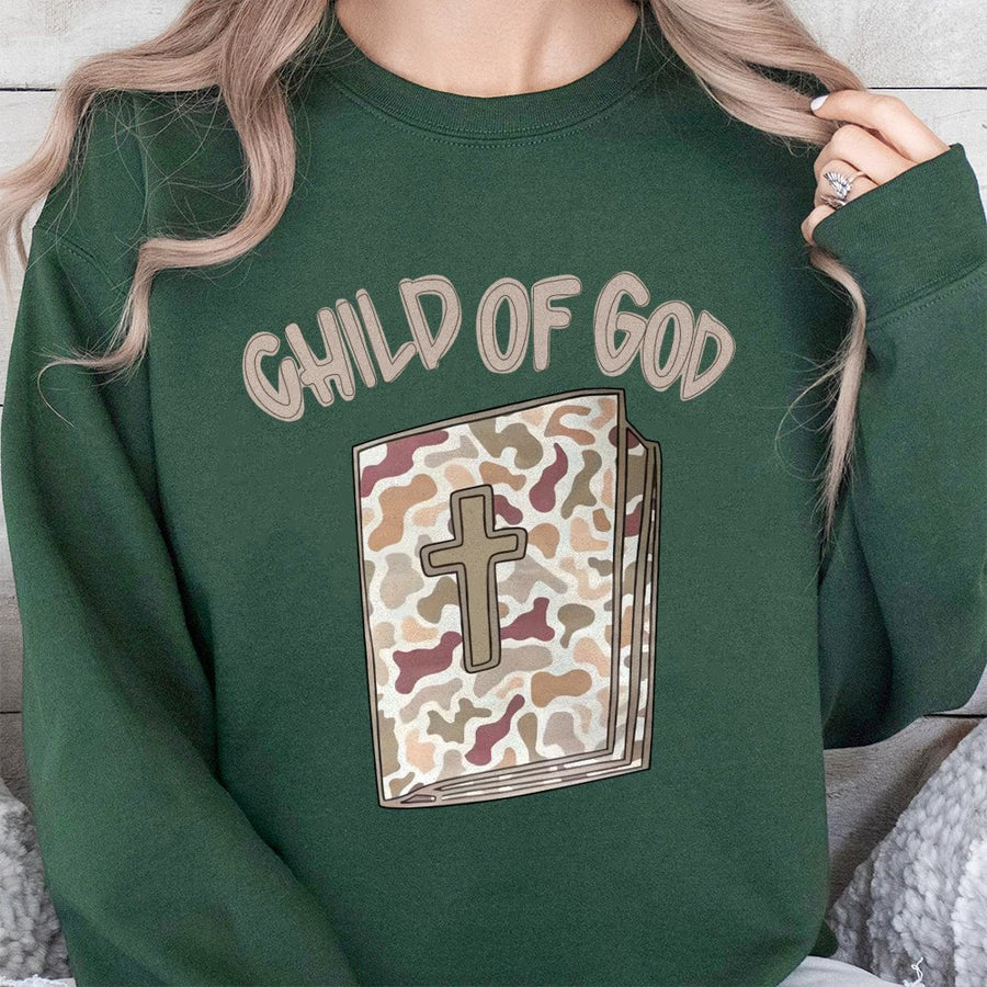 Child Of God Sweatshirt | Camo Bible Graphic Cross Design | Premium Cotton Blend | Christian Apparel Gift for Women and Men