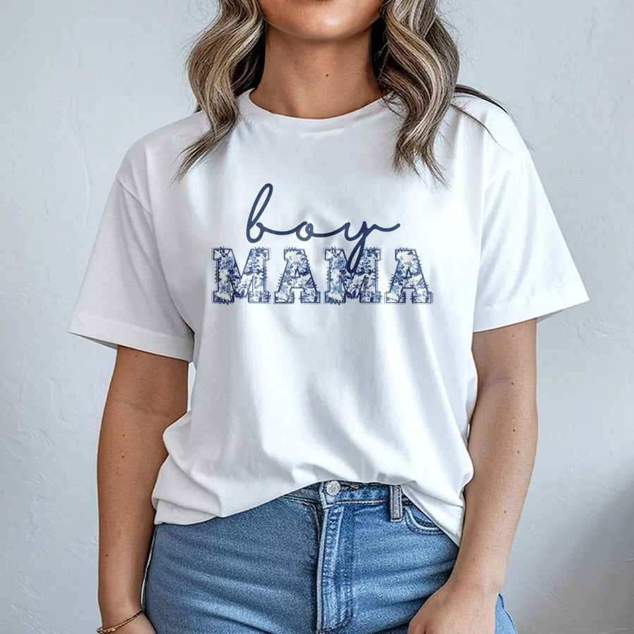Boy Mama T-Shirt | Blue Toile Floral Lettering | Premium Soft Cotton | Gender Reveal Shirt for New Mom Baby Shower Gift