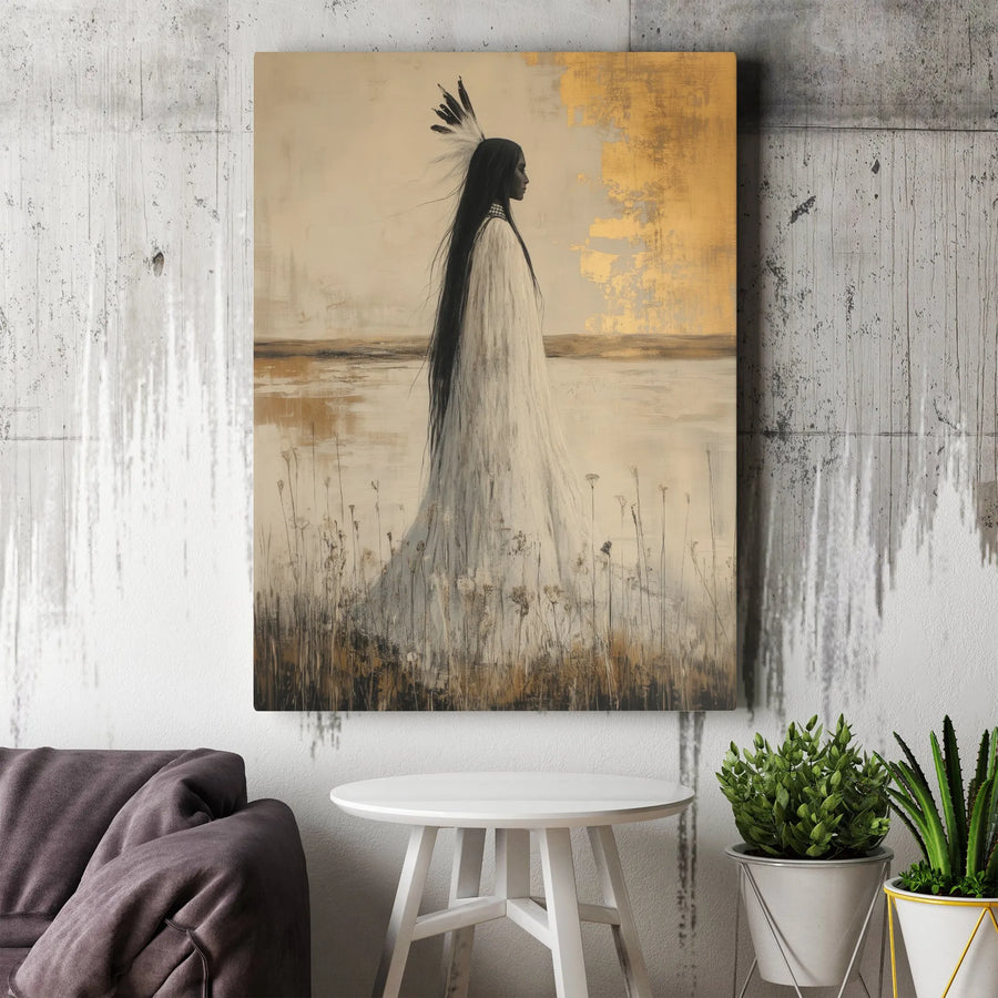 Native American Woman Wall Art | Abstract Gold Leaf Canvas Print | Premium Gallery Wrap Decor | Southwestern Spiritual Home Gift