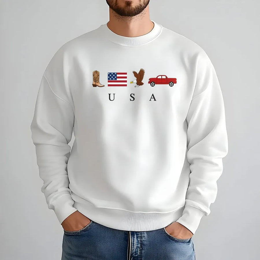Patriotic USA Sweatshirt | Vintage American Icons Graphic | Soft Cotton Blend | 4th of July Gift for Men & Women