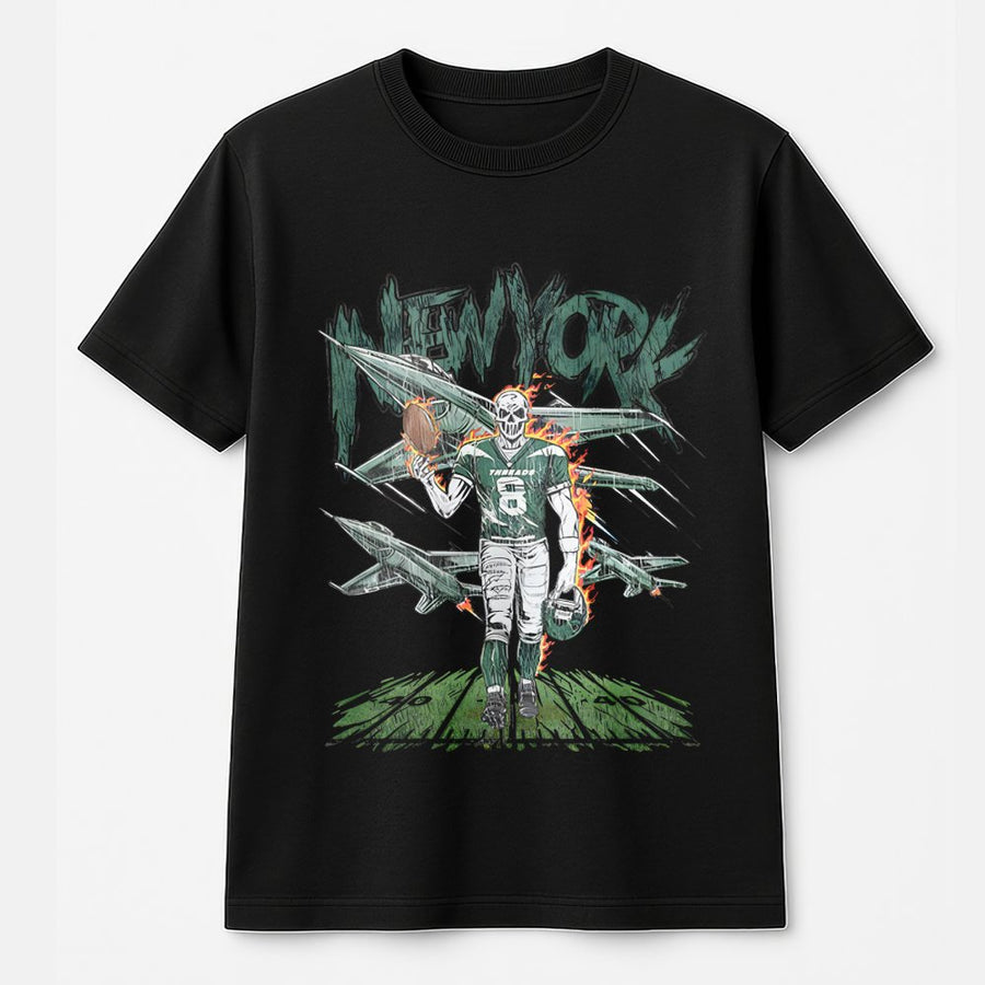 New York With A Skeleton Football Player Wearing Jersey Number 8, Holding A Football And Helmet, With Fighter Jets In The Background T-Shirt