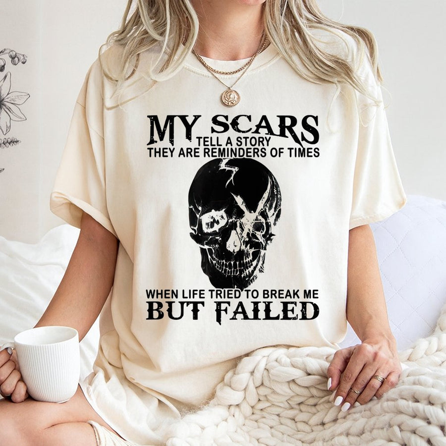 My Scars Tell A Story T-Shirt | Skull Graphic Resilience Quote | 100% Cotton Premium Tee | Inspirational Gift for Survivors
