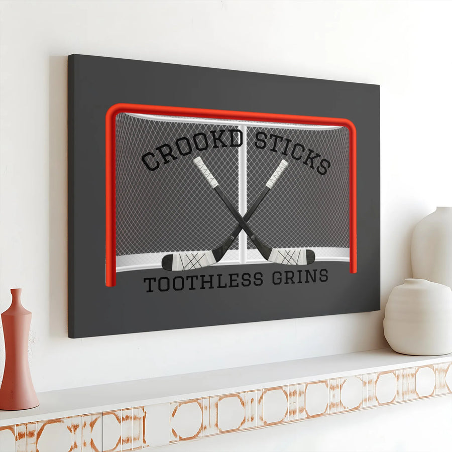 Hockey Canvas Wall Art | Crookd Sticks Toothless Grins Slogan | Premium Gallery Wrap Canvas | Gift for Hockey Player & Man Cave Decor