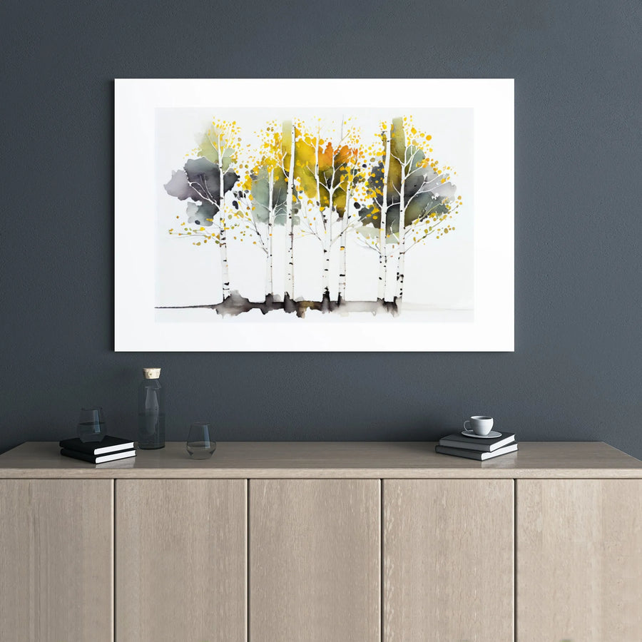 Abstract Watercolor Birch Tree Forest Canvas | Autumn Gold Woodland Wall Art | Premium 1.25" Gallery Wrap | Modern Home Decor for Living Room