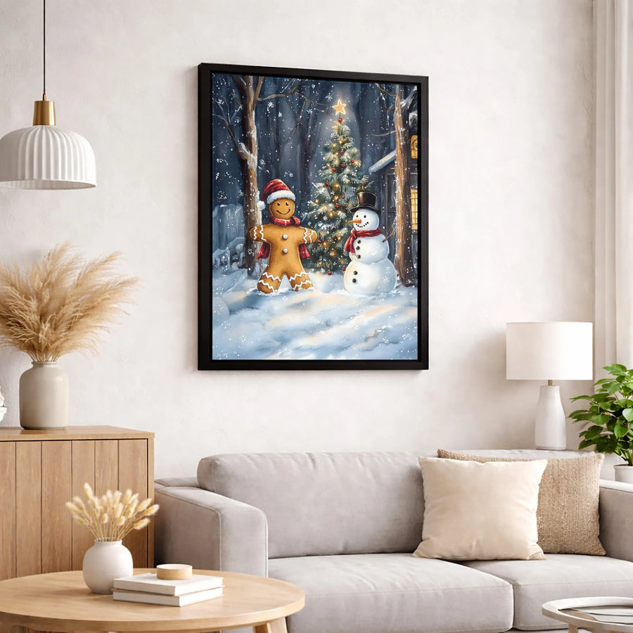 Christmas Wall Art Canvas | Gingerbread Man And Snowman Watercolor Print | Premium Gallery-Wrapped Holiday Decor | Festive Winter Home Gift