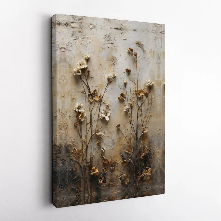 Neutral Botanical Canvas Wall Art | Rustic Textured Floral Abstract | Premium Gallery Wrap Print | Modern Farmhouse Living Room Decor