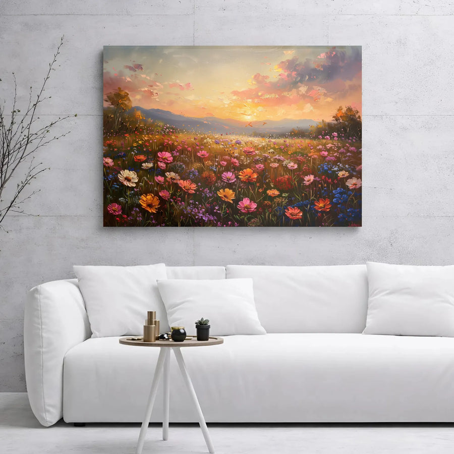 Wildflower Field Canvas Art | Impressionist Sunset Landscape | Premium 1.25-inch Gallery Wrap | Home Office Wall Decor Gift