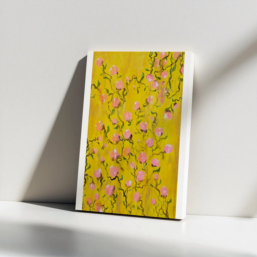Abstract Floral Garden Vertical Canvas | Pink and Yellow Flower Painting Print | Premium Thick Gallery Wrap | Modern Living Room Wall Decor Gift