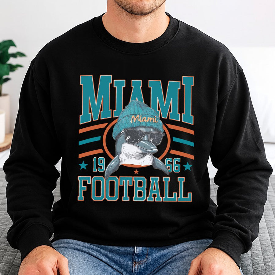Miami 1966 Football With Dolphin Mascot Wearing Beanie And Sunglasses Sweatshirt
