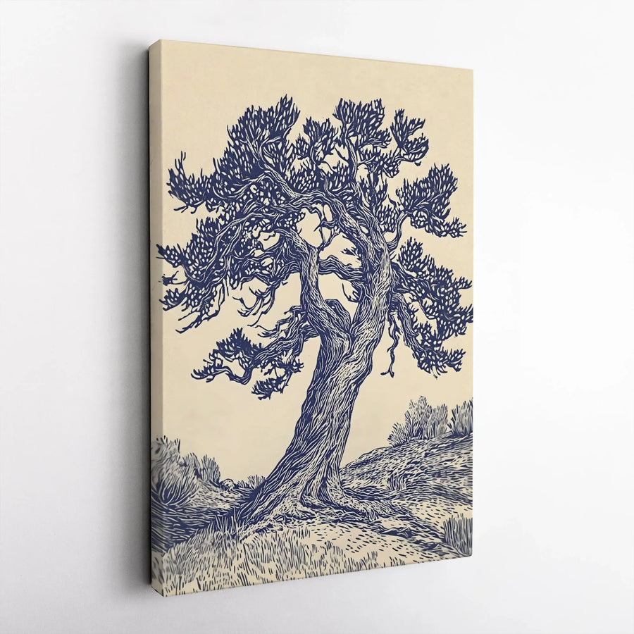 Ancient Gnarled Tree Wall Art | Woodcut Style Nature Illustration | Premium Gallery Wrapped Canvas | Minimalist Botanical Home Decor Gift