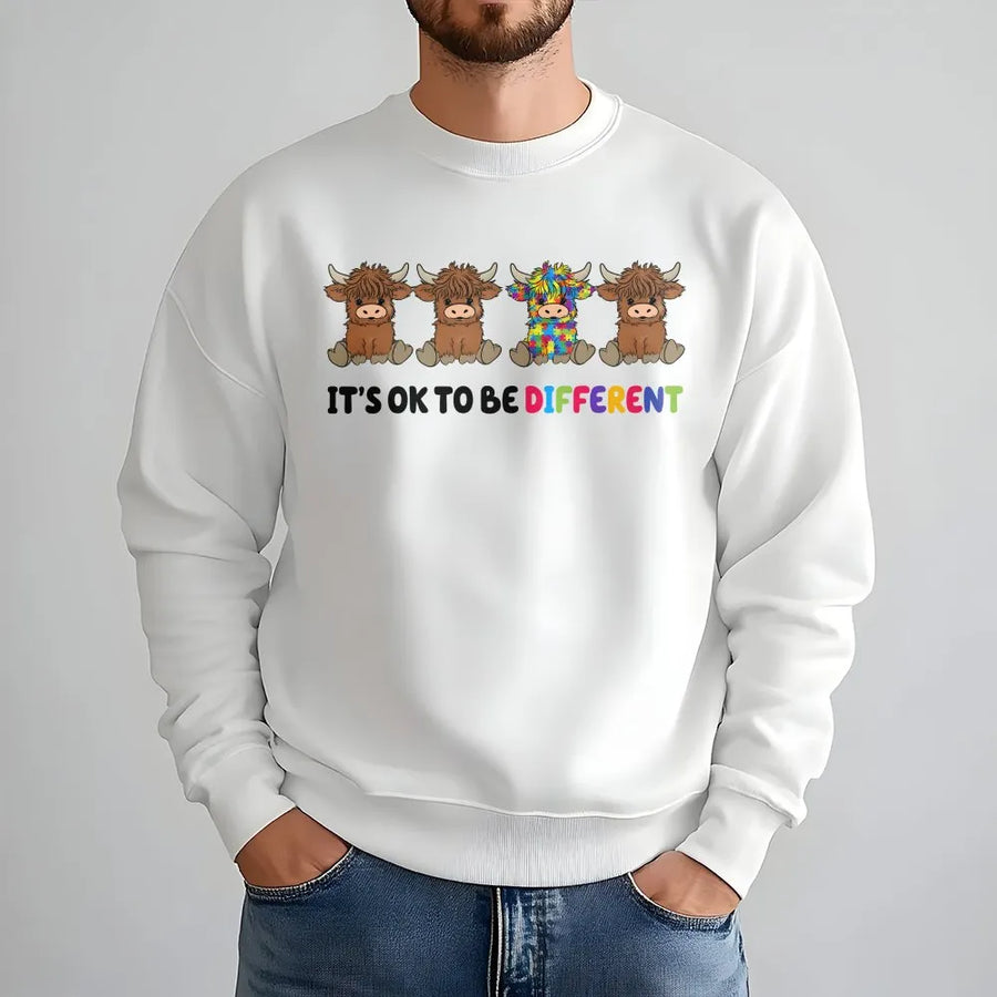 Autism Awareness Sweatshirt | Highland Cow It's Ok To Be Different | Cozy Cotton Blend | Neurodiversity Support Gift for Adults