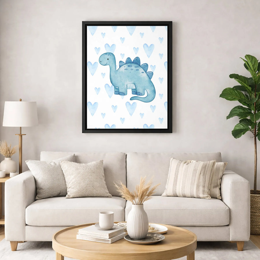 Cute Dinosaur Nursery Canvas Wall Art | Blue Watercolor Hearts Print | Premium 1.25-Inch Gallery Wrap | Baby Boy Room Decor Gift