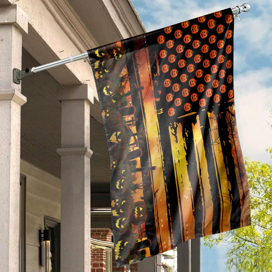 Halloween House Flag | Spooky Jack-O-Lantern American Flag Design | Premium Weather-Resistant Polyester | Outdoor Garden Decor Gift For Fall