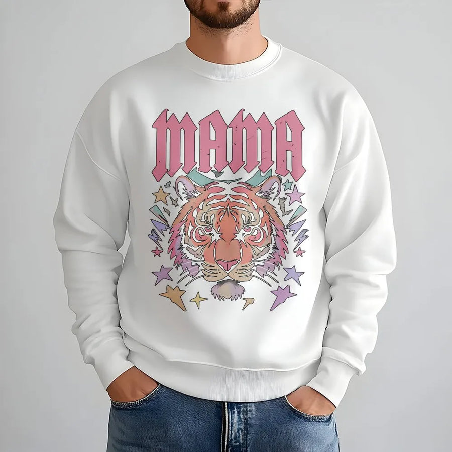 Mama Tiger Sweatshirt | Retro Graphic Rocker Style | Premium Cotton Blend Pullover | Gift for Cool Mom