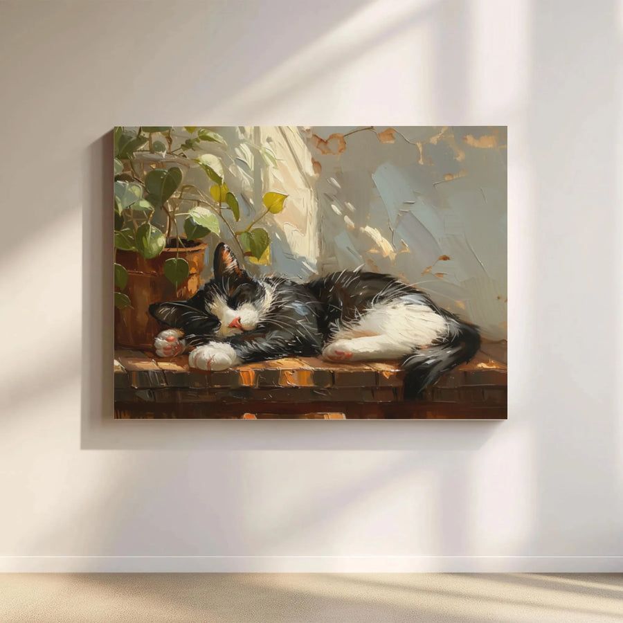 Sleeping Cat Canvas Wall Art | Impressionist Black and White Kitty in Sunlight | Premium 1.25-inch Gallery Wrapped Print | Cat Lover Home Decor Gift