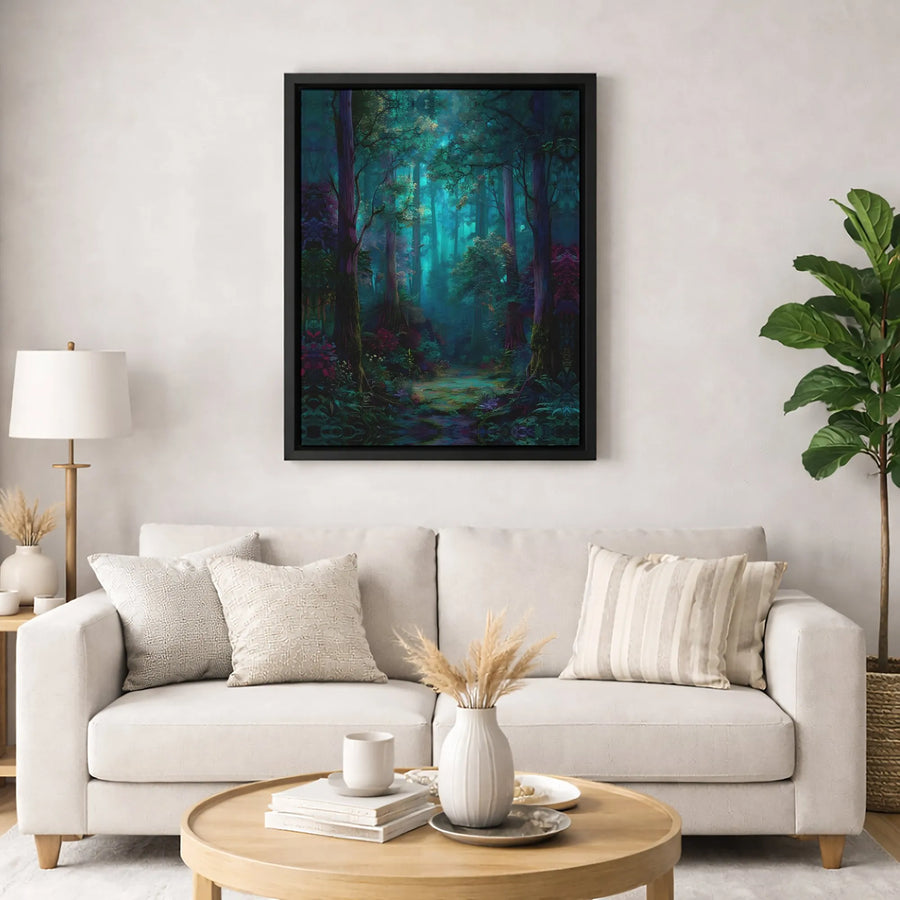 Enchanted Forest Canvas Wall Art | Glowing Teal & Purple Fantasy Landscape | Premium Fade-Resistant Gallery Print | Magical Home Decor Gift