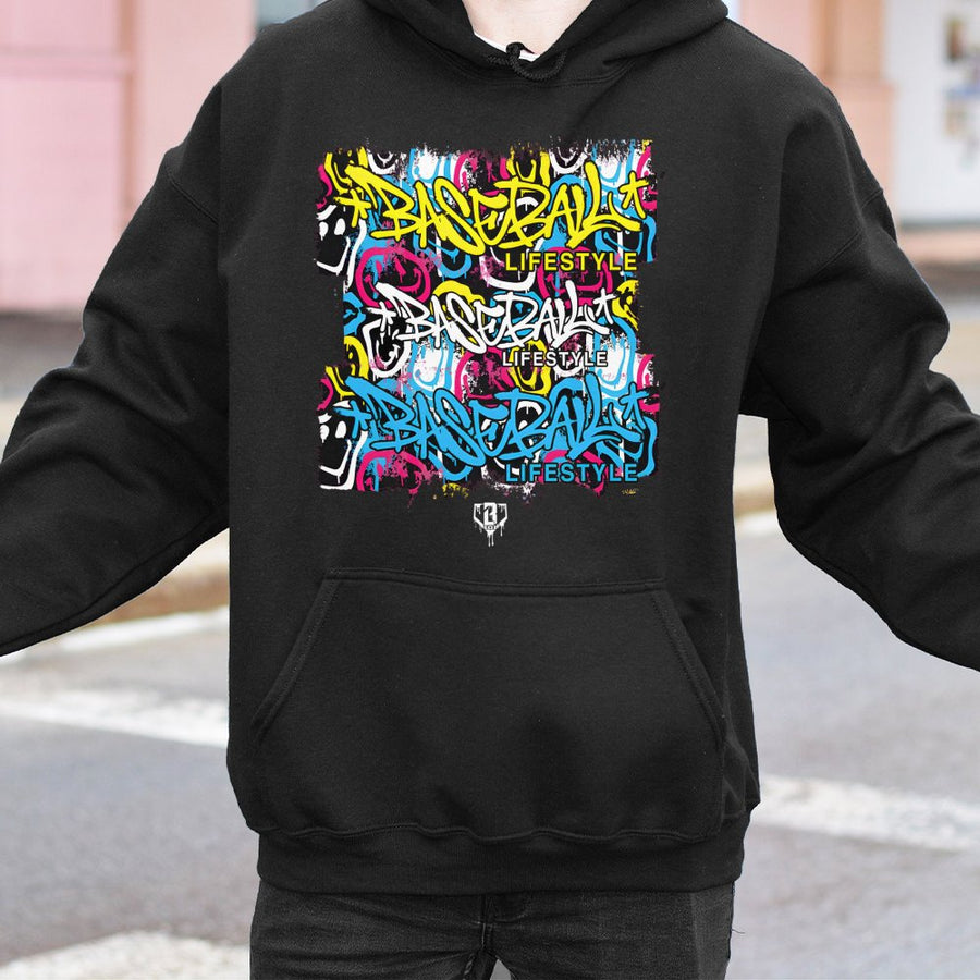 Baseball Lifestyle Graffiti Hoodie | Urban Smiley Face Graphic Tee | Premium Cotton-Blend Streetwear | Unique Gift For Baseball Fans