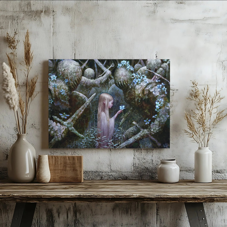 Dark Fantasy Canvas Wall Art | Girl in Forest of Stone Knights | Gallery Quality Print | Fantasy Art Collector Gift