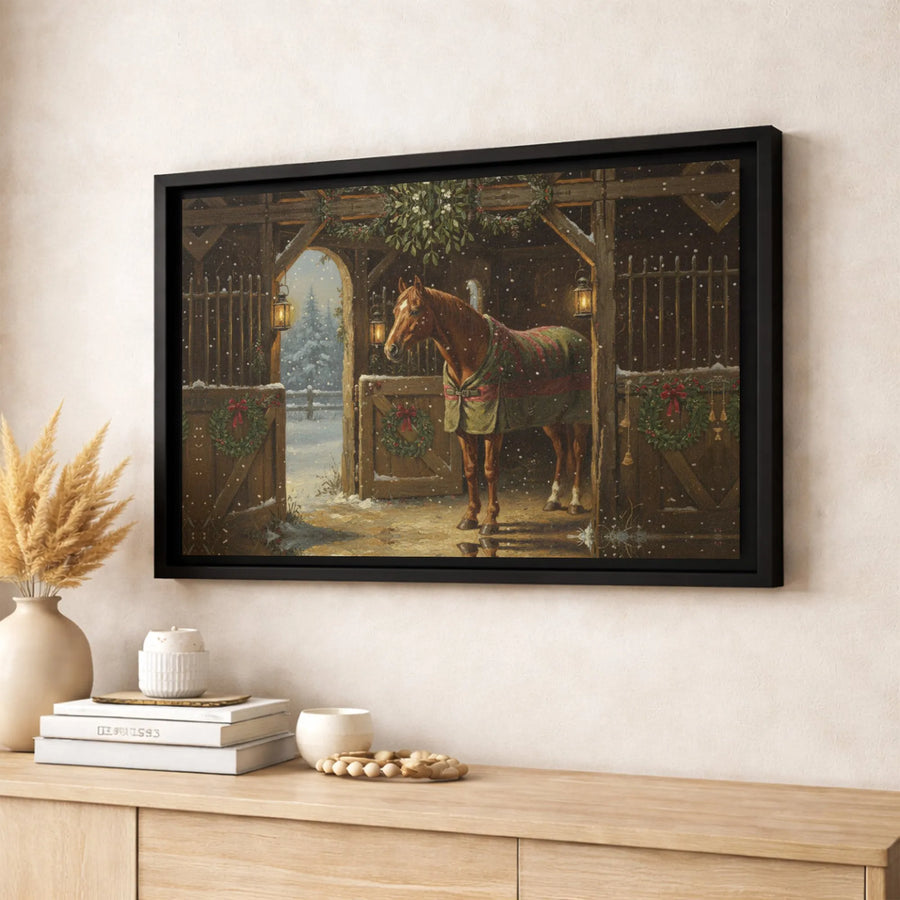 Horse In Snowy Stable Canvas Print | Winter Farmhouse Wall Art | 1.25-Inch Gallery Wrap | Festive Equestrian Christmas Decor Gift