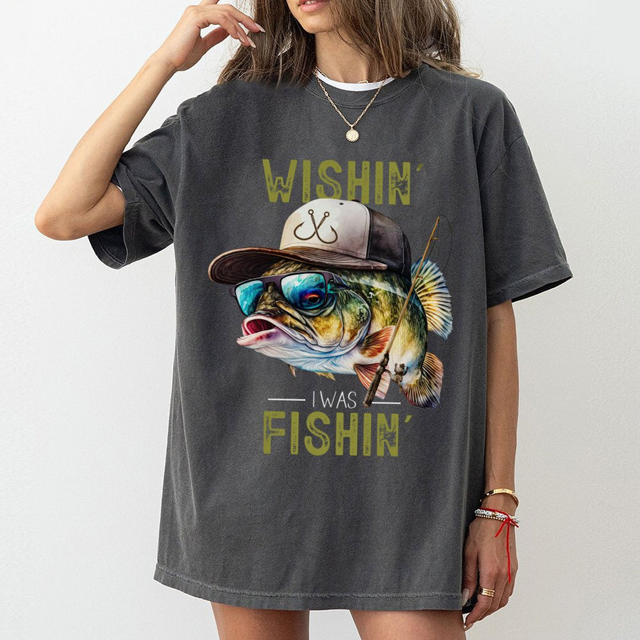 Wishin' I Was Fishin' T-Shirt | Cool Bass Fish Wearing Sunglasses Graphic | Premium Soft Cotton Tee | Funny Gift For Fisherman & Outdoorsmen