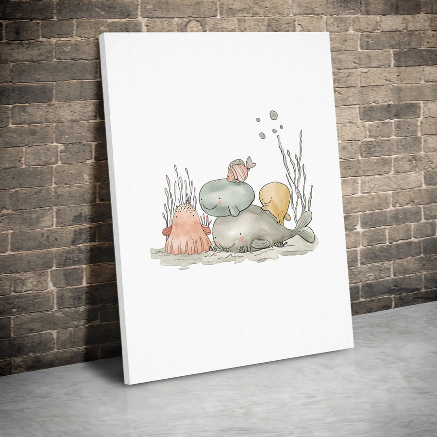 Cute Sea Creature Canvas Wall Art | Whales Jellyfish Illustration Print | Premium Gallery-Wrapped 1.25" Profile | Nursery Decor Gift for Kids