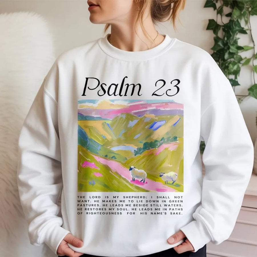 Psalm 23 Sweatshirt | Bible Verse Christian Apparel | Soft Cotton Blend Graphic Crewneck | Inspirational Faith-Based Gift for Men and Women