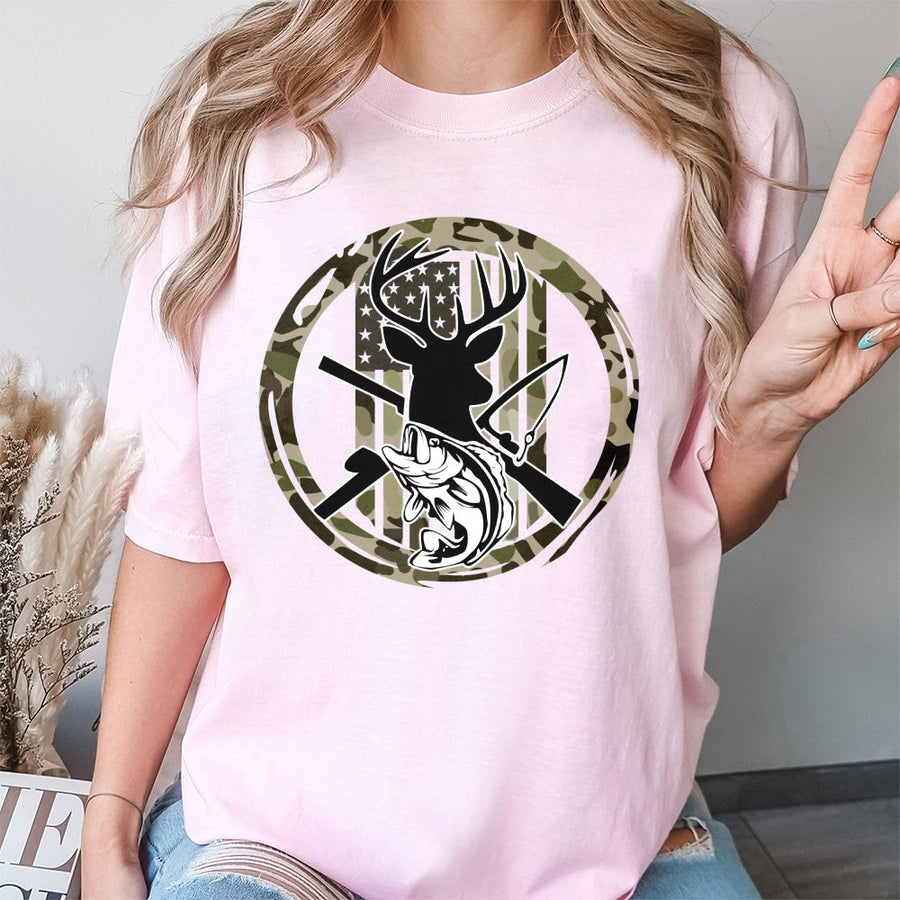 Hunting Fishing Graphic T-Shirt | Camo American Flag Deer Antlers Design | Premium Cotton Tee | Outdoor Gift for Men and Women