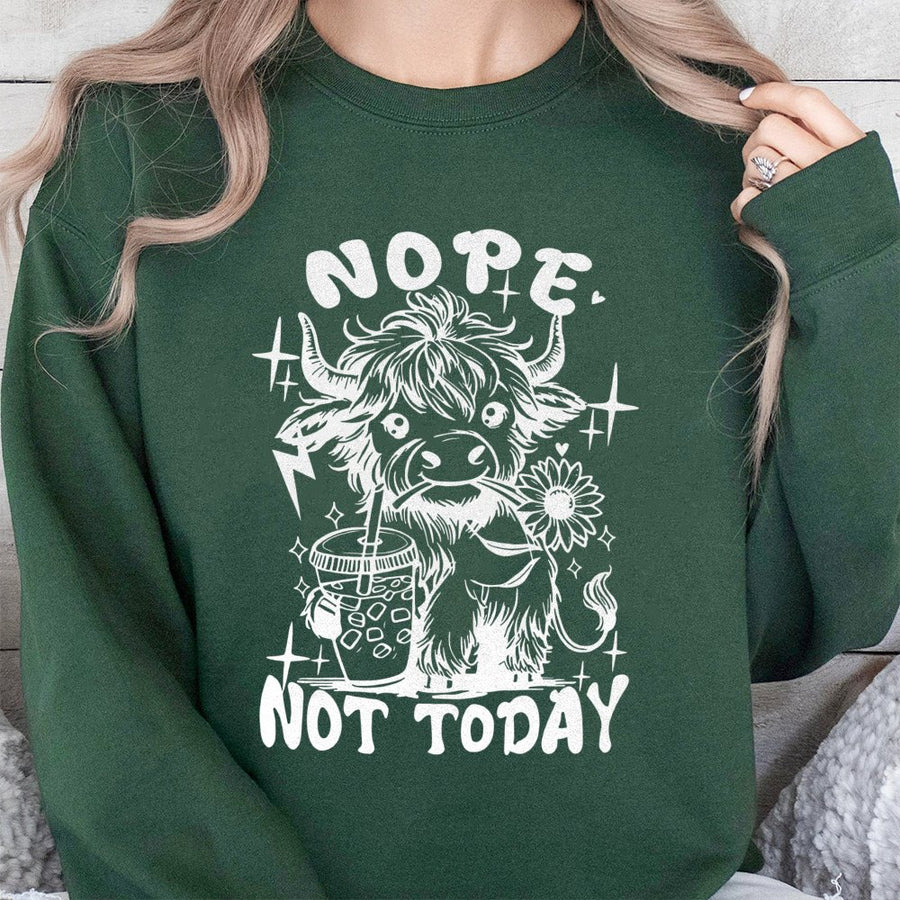 Highland Cow Sweatshirt | Nope Not Today Coffee Graphic | Premium Cotton Blend | Funny Farm Animal Lover Gift