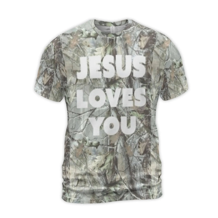 Jesus Loves You T-Shirt | Camouflage 3D Graphic Tee | Premium Polyester Blend | Faith-Based Religious Gift for Him & Her