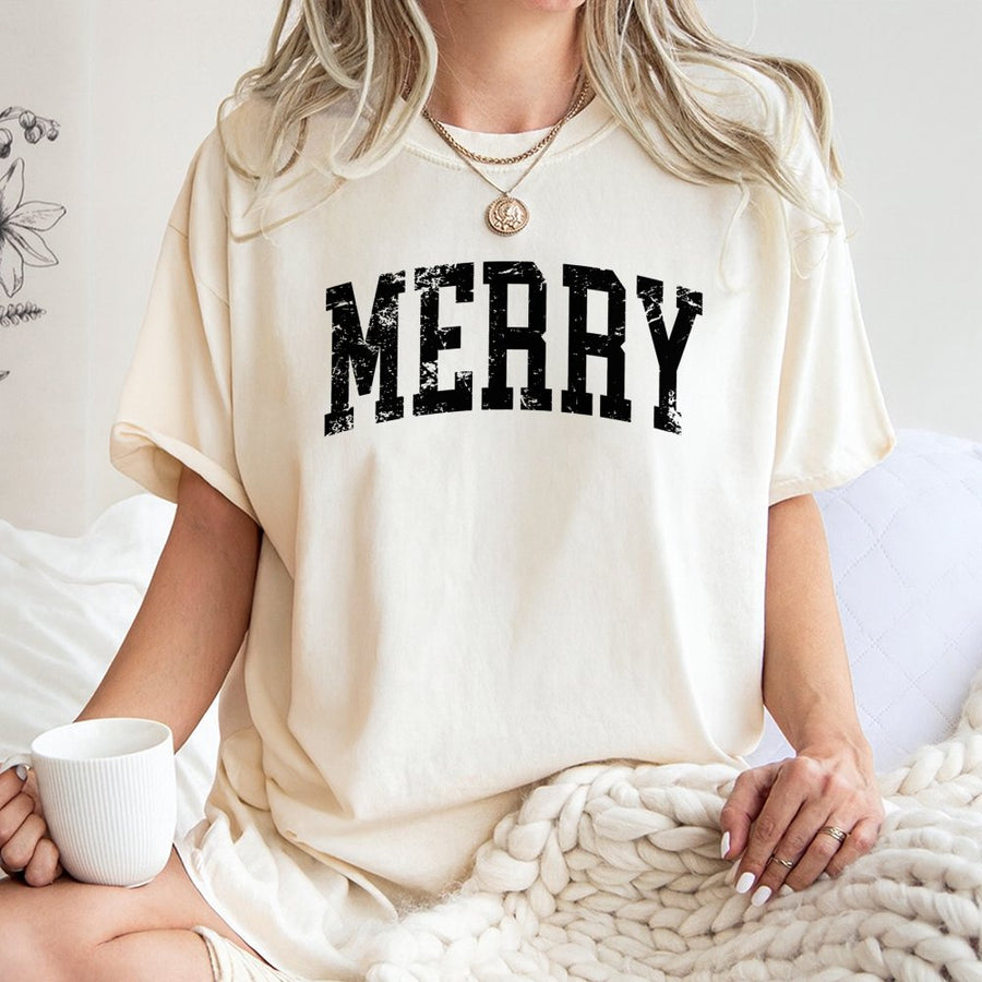 Merry T-Shirt | Distressed Vintage Lettering Graphic | Premium 100% Soft Cotton | Christmas Holiday Gift for Men and Women
