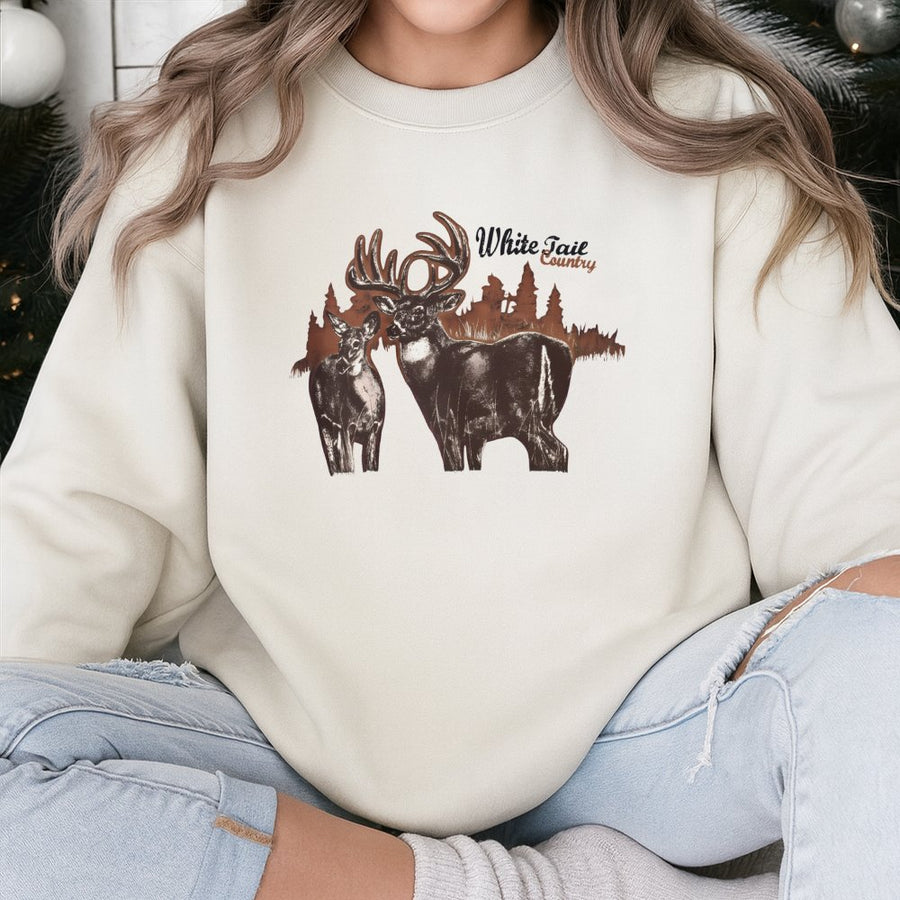 Whitetail Deer Sweatshirt | Vintage Hunting Buck and Doe Graphic | Soft Cotton Blend Crewneck | Outdoor Nature Gift for Hunters