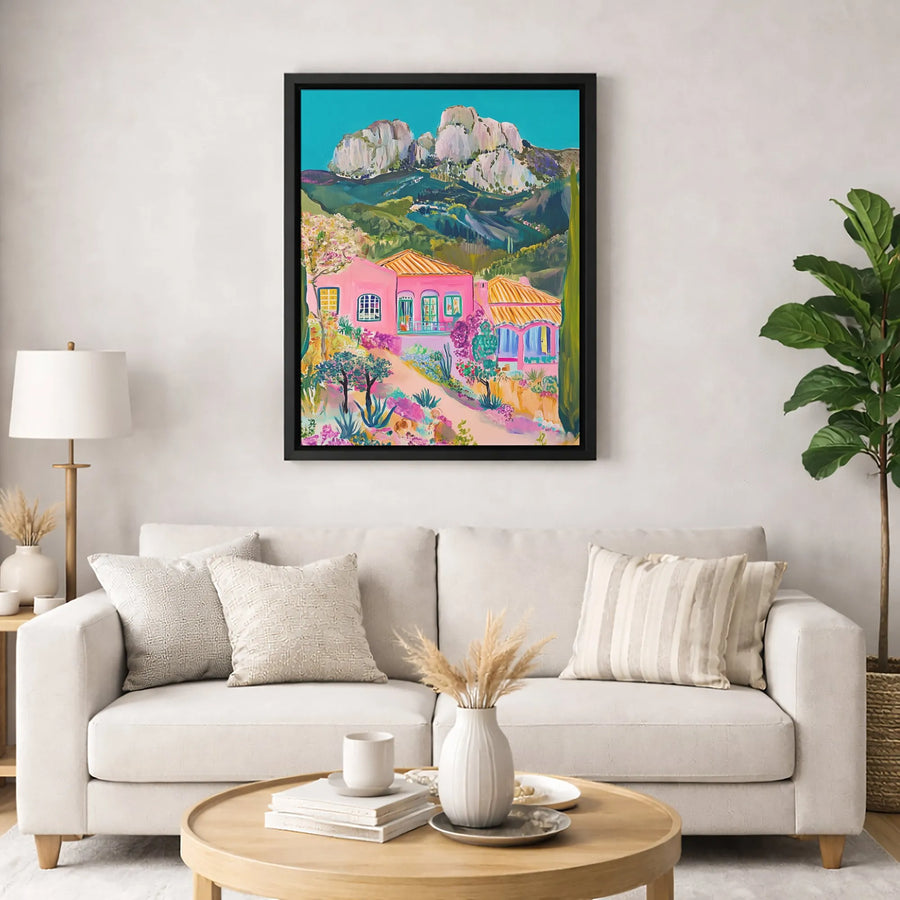 Mediterranean Villa Canvas Art | Pink House Mountain Landscape Print | Premium Gallery Wrapped Wall Decor | Colorful Travel-Inspired Gift