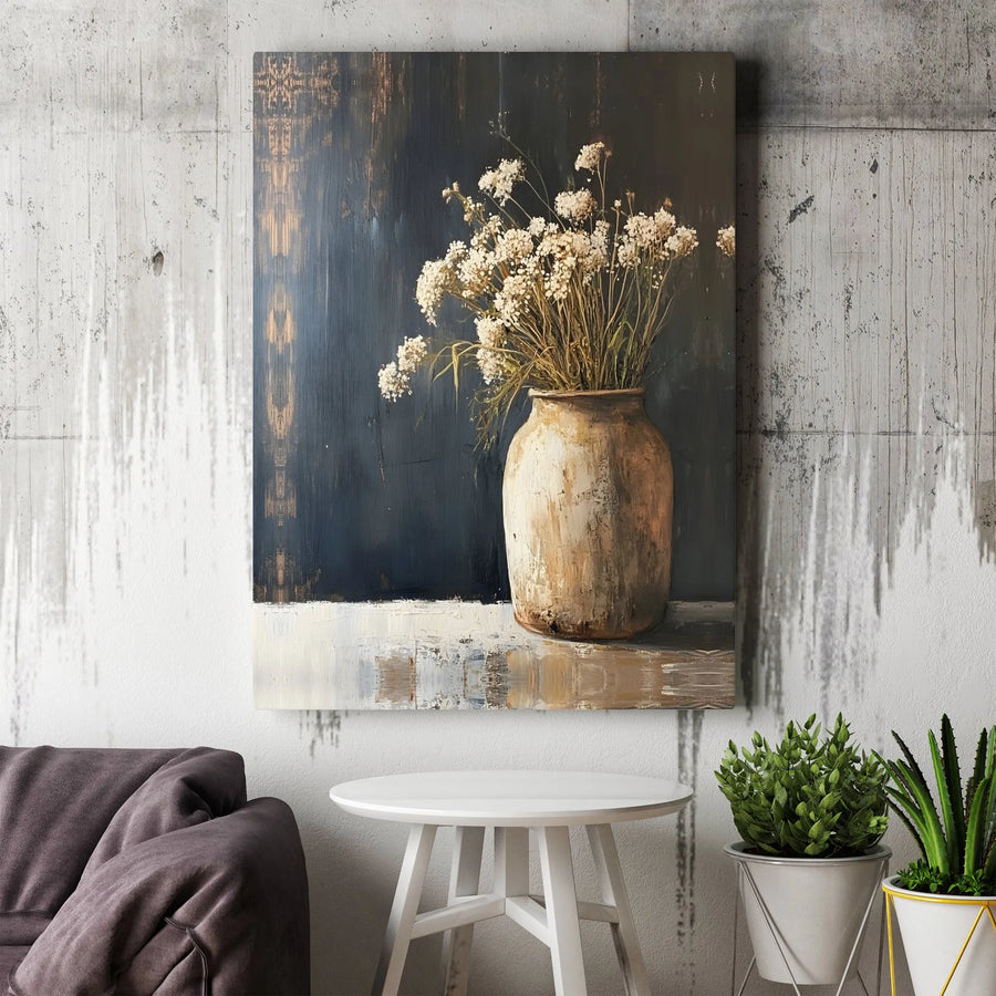 Rustic Vase Still Life Wall Art | Dried White Flowers Farmhouse Decor | Premium Fade-Resistant Canvas | Elegant Home Office Print